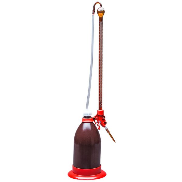 Burettes classe B en verre ambré, avec une bouteille